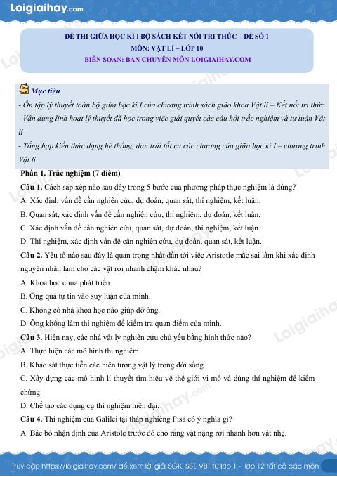 Đề thi giữa học kì 1 Vật lí 10 Kết nối tri thức - Đề số 01